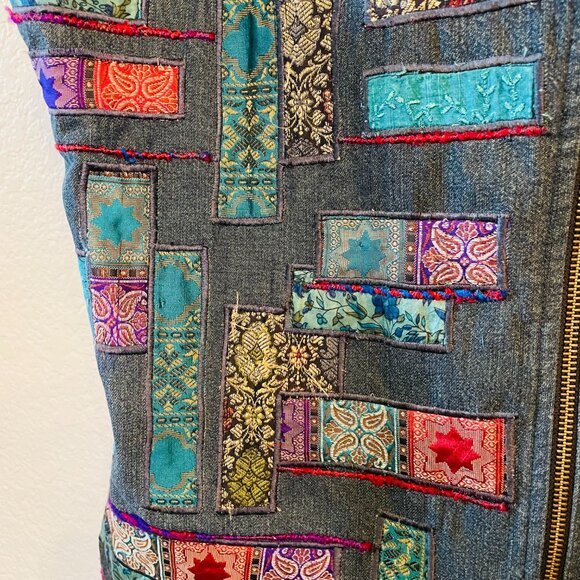 Coldwater Creek Denim Patchwork Embroidered Applique Zip Collared Vest | Large - Picture 3 of 8